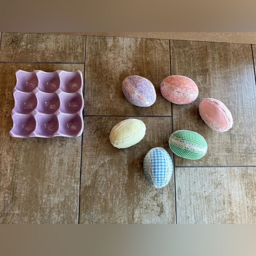 Decorative Fabric and Lace Easter Eggs Set with Purple Ceramic Egg Holder